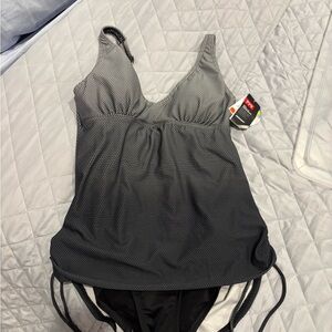 TYR Black and Gray Fishnet V-Neck Sheath Swimsuit